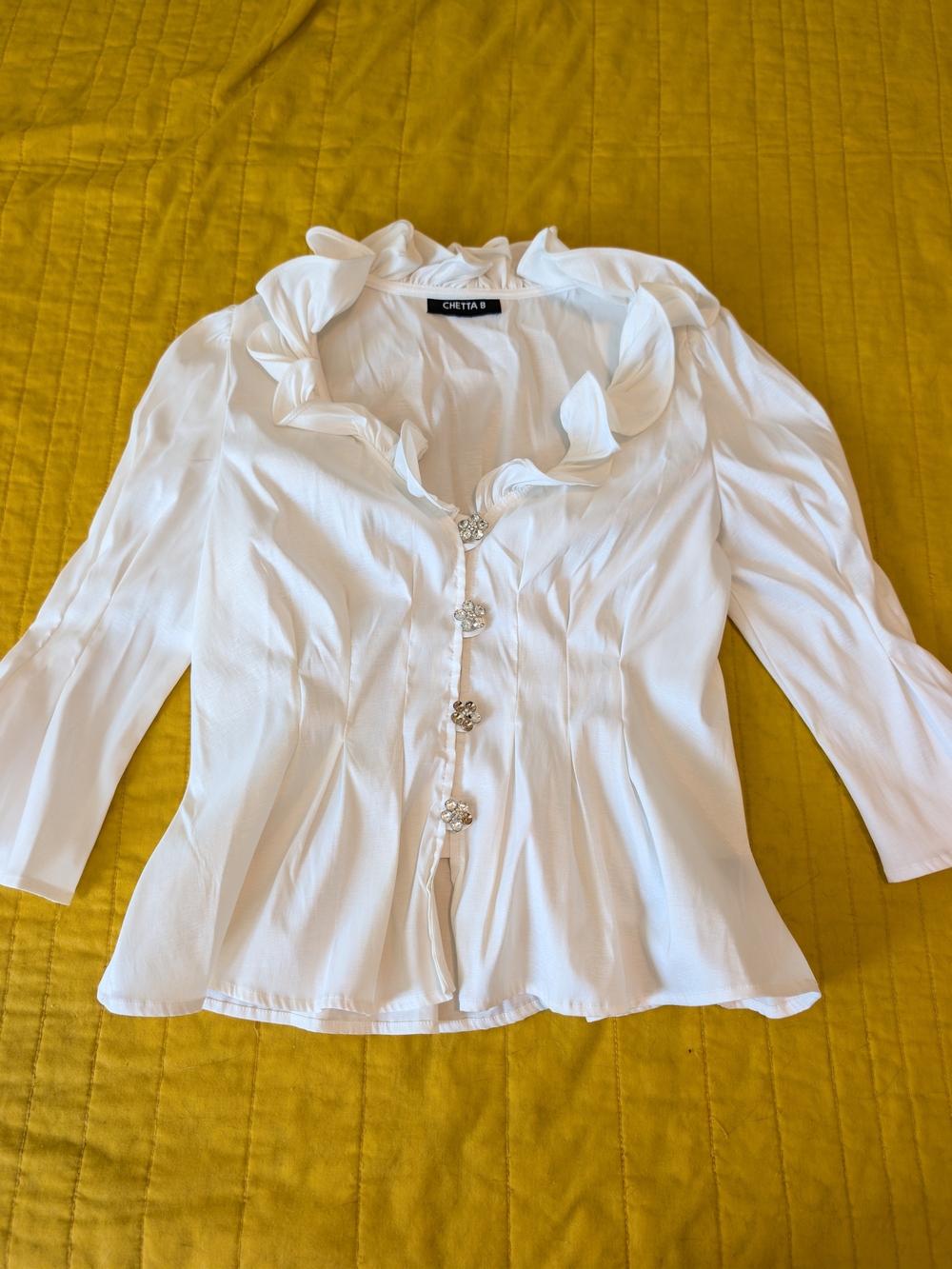 Chetta B White Ruffle Collar Button-Front Blouse with Jeweled Buttons